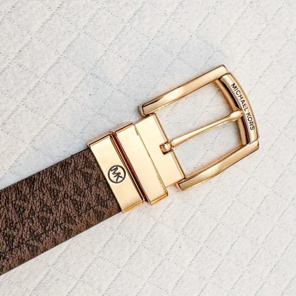 Michael Kors Printed Logo Brown Leather Belt Gold Buckle Size L